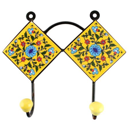Ceramic Flower Tile Hook in Yellow And Turquoise